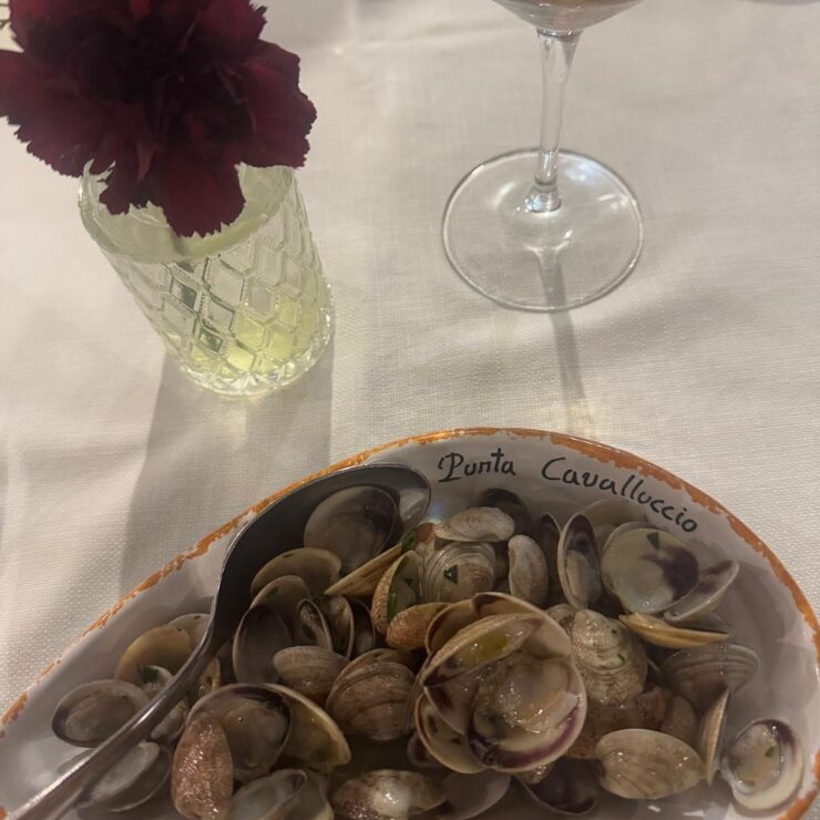 Plato de almejas frescas servido en el restaurante Punta Cavalluccio, un trabocco en la costa abrucesa