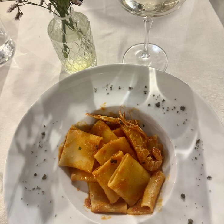 Paccheri pasta with prawns in tomato sauce and white wine at Trabocco Punta Cavalluccio Abruzzo Italy