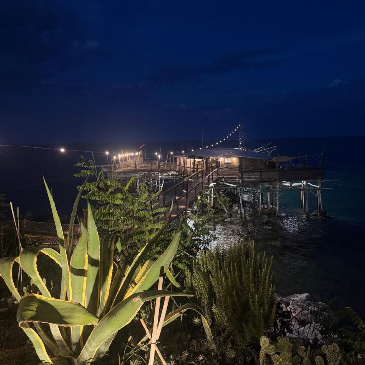 Vista notturna di un trabocco illuminato sul mare Adriatico circondato da vegetazione costiera in Abruzzo