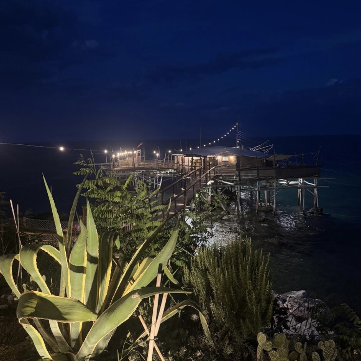 Trabocco Punta Cavalluccio lit up at night over dark Adriatic Sea Costa dei Trabocchi Abruzzo Italy