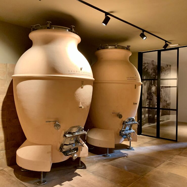 Large clay amphorae for natural wine ageing at Feudo Antico winery Tollo Abruzzo Italy
