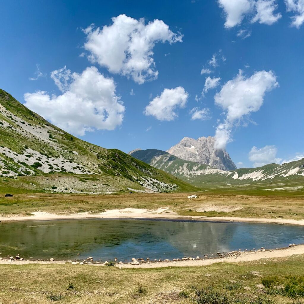 A panoramic view of the Gran Sasso d'Italia from the Lago di Pietranzoni