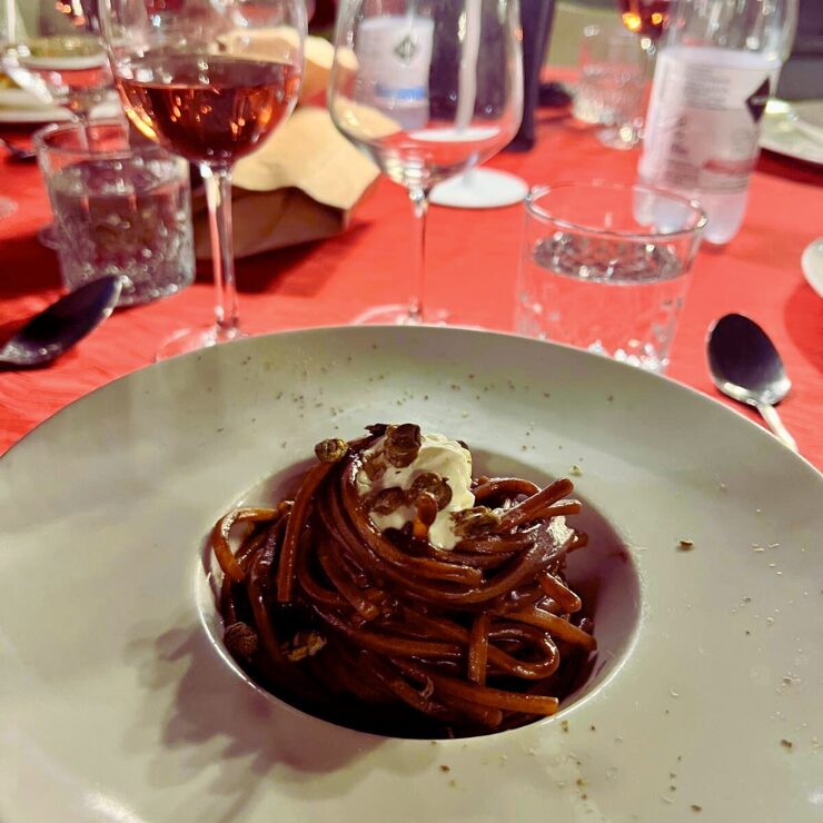 Black garlic spaghetti with ricotta & walnuts at La Vineria dei Salnitro – San Martino sulla Marrucina, Abruzzo