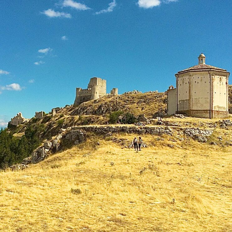 Rocca Calascio castle and Santa Maria della Pieta church Gran Sasso National Park Abruzzo Italy