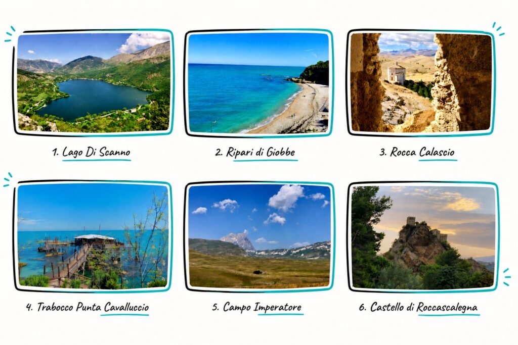 A collage of places that make Abruzzo one of the best tourist destination in Italy and it is right next to Rome